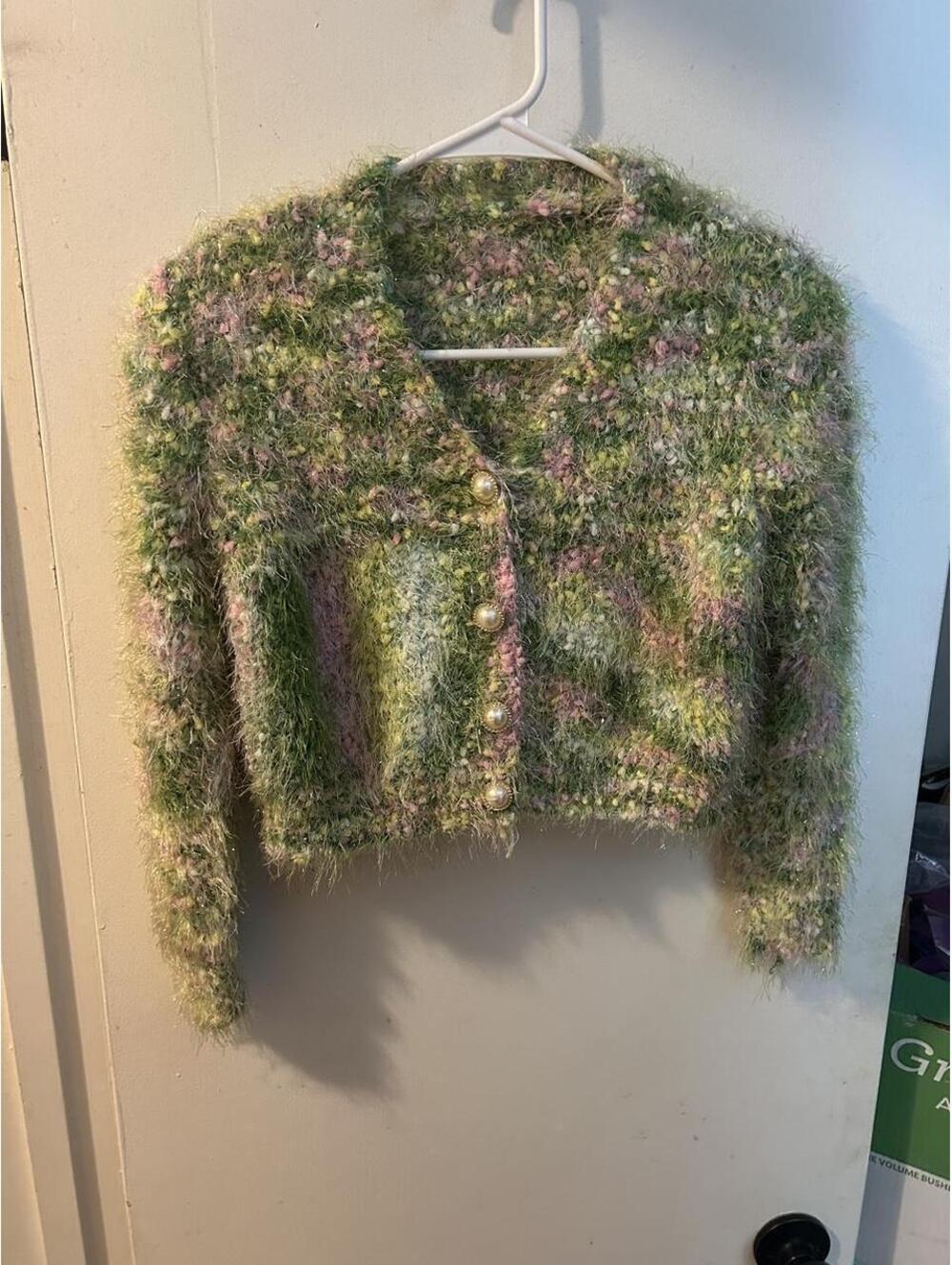 Green, pink, and purple multicolored fuzzy cardigan with pearl buttons size S